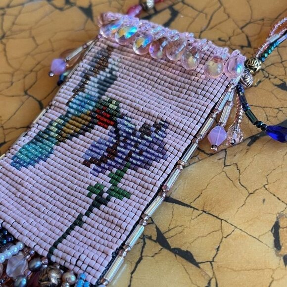 Hand Woven Bead Pouch Necklace Reversible Hummingbird Cat Cottage Boho Trinket - Picture 4 of 16